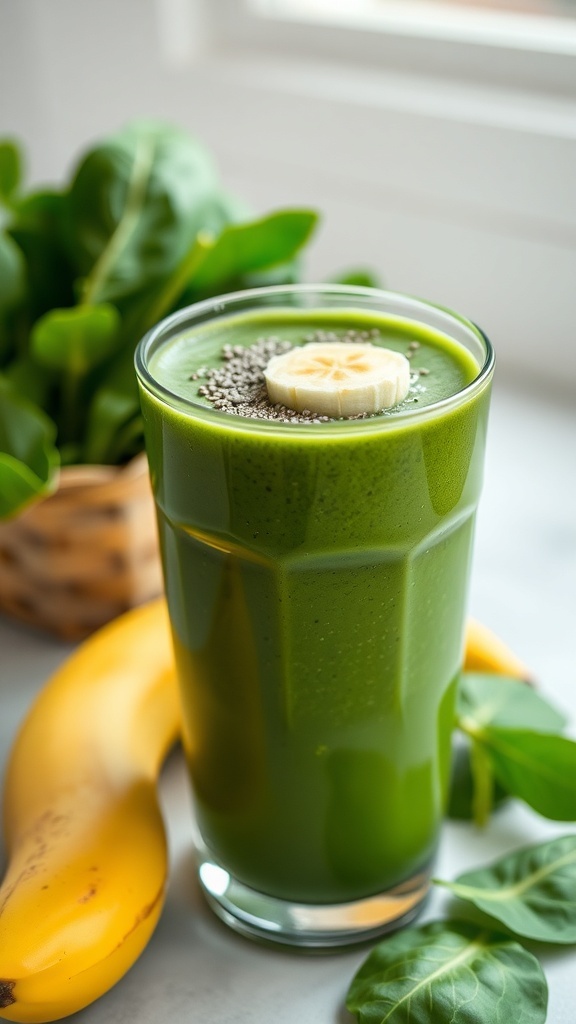 Metabolism Boosting Green Smoothie Recipe A refreshing green smoothie in a glass with banana and chia seeds, surrounded by spinach leaves.